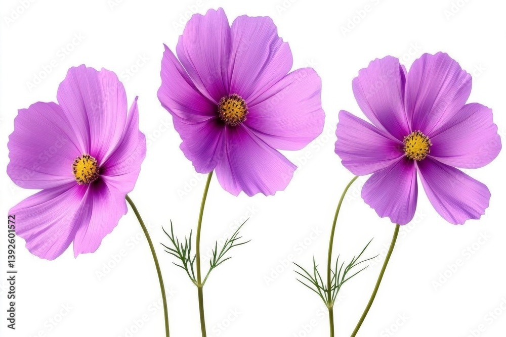 Three Vibrant Purple Petals, Stems, and Yellow Center on White Background Three Vibrant Purple Petals, Stems, and Yellow Center on White Background