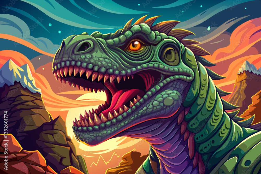 Obraz premium Dinosaur portrait on an alien rock formation desert under a strange colored sky, animal banner