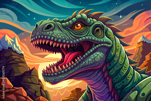 Dinosaur portrait on an alien rock formation desert under a strange colored sky, animal banner