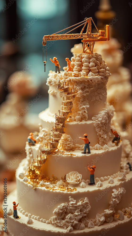 Miniature construction workers building on a wedding cake at a festive celebration