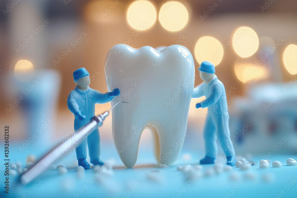Miniature dental team working on a giant tooth in a modern clinic