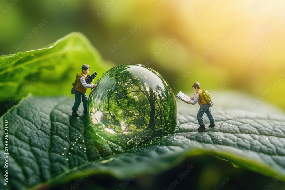 Miniature scientists examining water droplets on green leaves