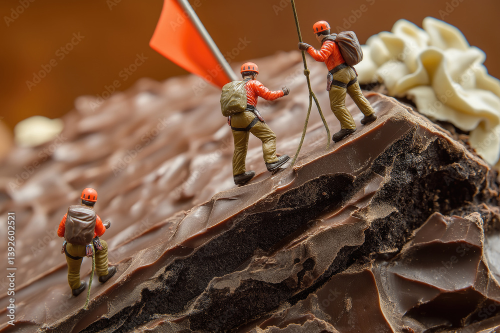 Miniature climbers scale a chocolate mountain with a flag on top in a creative dessert arrangement