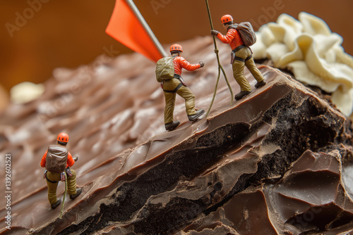 Obraz na płótnie Miniature climbers scale a chocolate mountain with a flag on top in a creative dessert arrangement w salonie