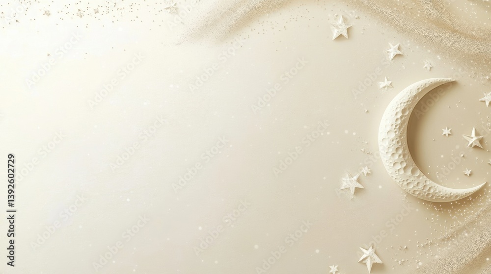 Obraz premium Soft creamy background with dotted stars and a crescent moon creates a serene atmosphere perfect for inviting messages or captions
