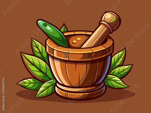 A professional vector image of a rustic wooden mortar and pestle, placed on a solid brown background.