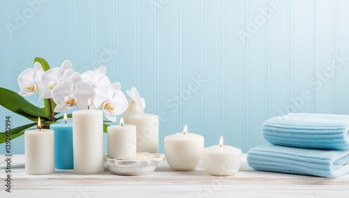 Spa ambiance with candles, orchids, and towels