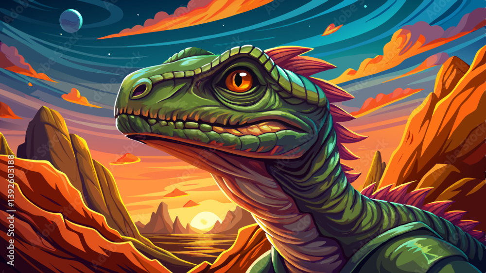 Obraz premium Dinosaur portrait on an alien rock formation desert under a strange colored sky, animal banner