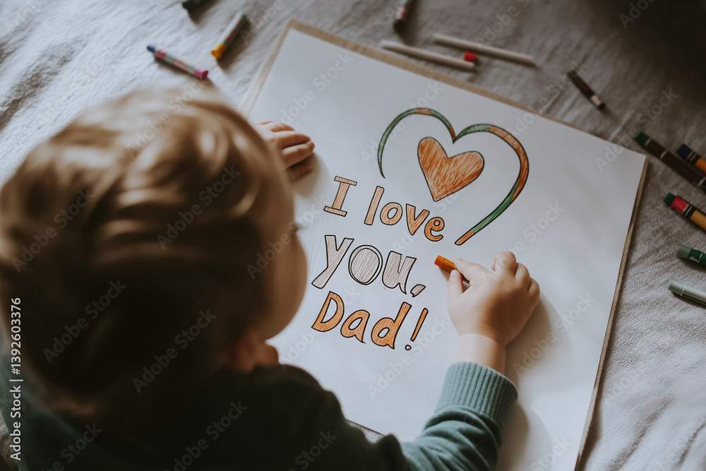 Child joyfully creates a heartfelt drawing for dad