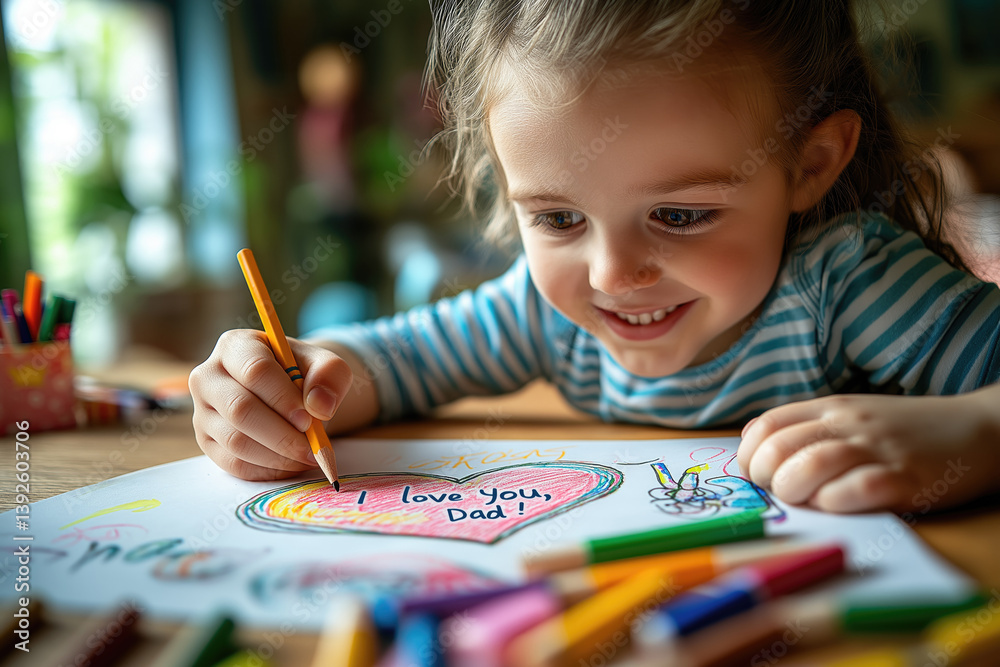 Child joyfully creates a heartfelt drawing for dad