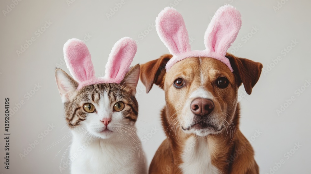 A charming cat and dog duo sport pink bunny ears, posing playfully against a neutral backdrop. A delightful and humorous portrait of pet companionship