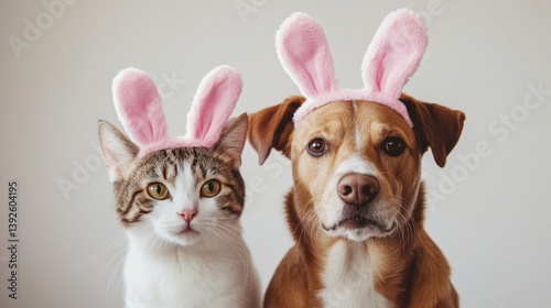 Obraz na płótnie A charming cat and dog duo sport pink bunny ears, posing playfully against a neutral backdrop. A delightful and humorous portrait of pet companionship w salonie