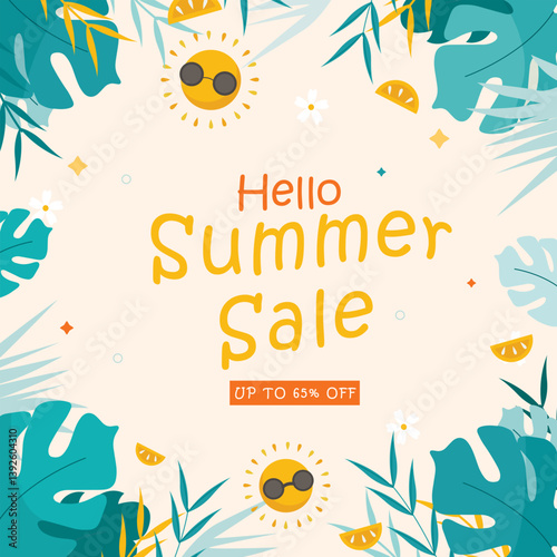 Top-down summer-themed flat lay illustration featuring beach items like an umbrella, flip-flops, beach ball, and watermelon slices, promoting a seasonal sale with up to 65% off.

