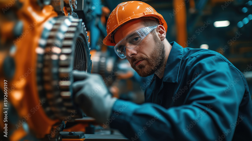 Worker examines machinery components in an industrial setting