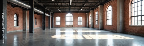 Wallpaper Mural Spacious industrial loft interior with exposed brick walls concrete floor. Large windows provide natural light. Venue for commercial rental studio workshop events. Urban modern architecture design. Torontodigital.ca