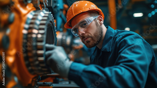 Worker examines machinery components in an industrial setting