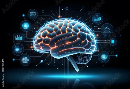 Glowing digital brain on a transparent touchscreen with data analytics elements floating around, sleek and modern vector design