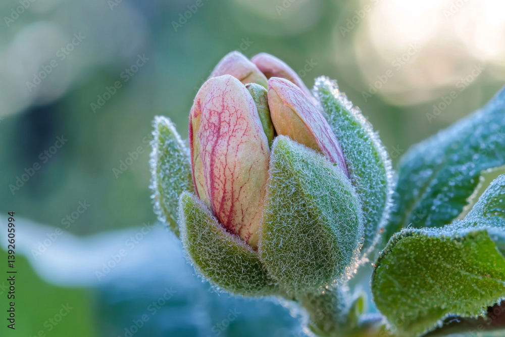 Macro shot of blooming flower bud with pink and green hues against blurred background
