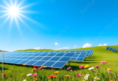 solar panel farm under a bright blue sky, surrounded by green hills and blooming wildflowers, symbolizing clean energy.
