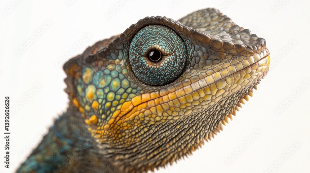 Fototapeta premium A vibrant, close-up portrait of a chameleon’s head, showcasing its textured skin and striking blue eye. Detailed scales and colorful patterns are visible