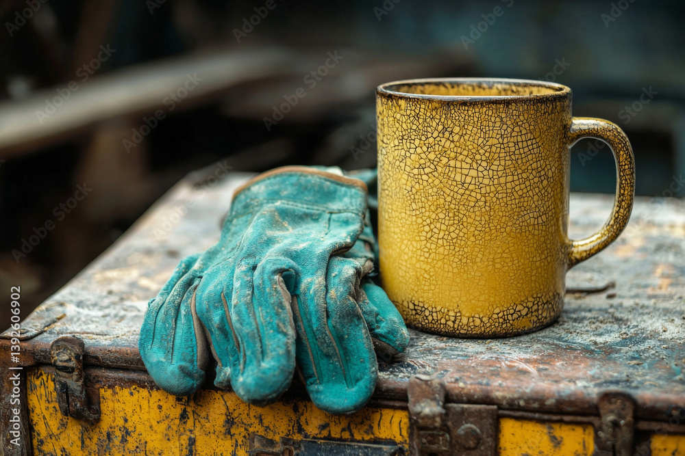 Coffee break in workshop with yellow mug and work gloves. Coffee cup and dirty gloves on old toolbox