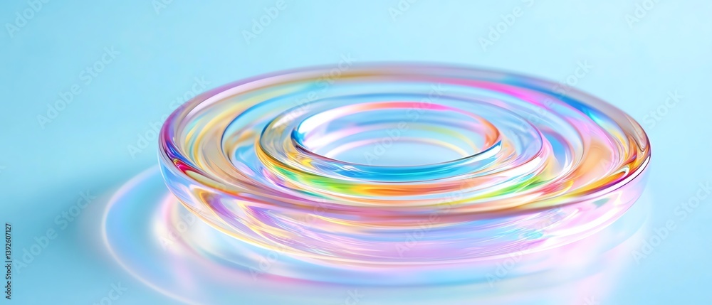 Fototapeta premium Closeup of glass spiral in motion, colorful swirls and light trails, vibrant multicolored vortex, laser light patterns on a smooth light blue backdrop