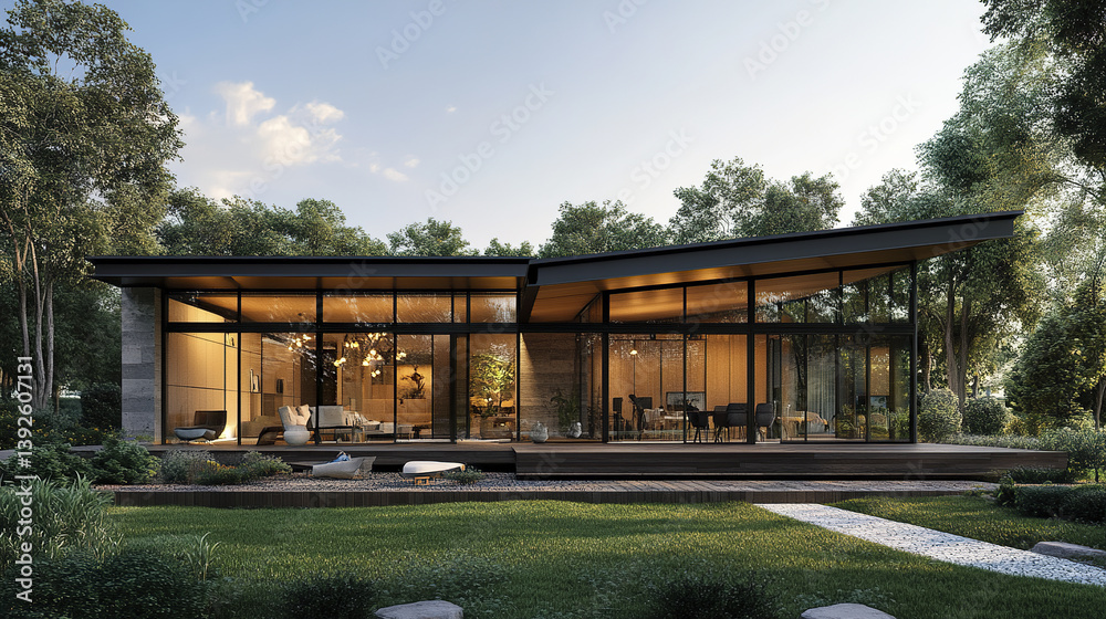 Obraz premium Modern modular house with open plan layout and large windows