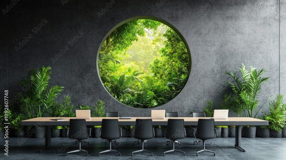 Biophilic office design with Spatial Experience of Nature. green modern conference office close to nature.