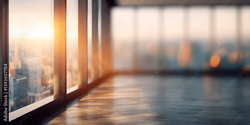 Fototapeta premium Sunrise cityscape view through large window, showcasing empty floor space ideal for product placement or text overlay Mockup