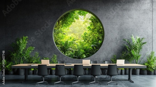 Obraz na płótnie Biophilic office design with Spatial Experience of Nature. green modern conference office close to nature. w salonie