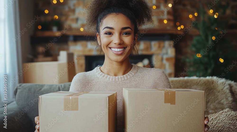 A happy freelancer sme businesswoman working with shipping boxes at home.