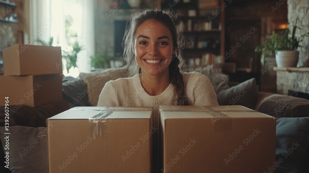 A happy freelancer sme businesswoman working with shipping boxes at home.