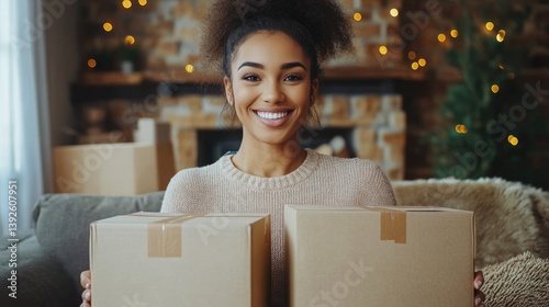 Obraz na płótnie A happy freelancer sme businesswoman working with shipping boxes at home. w salonie