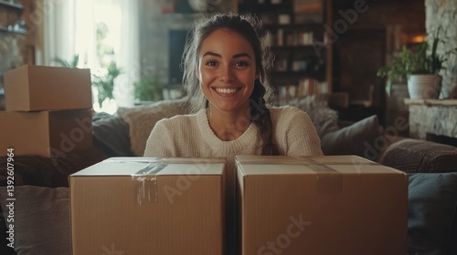Obraz na płótnie A happy freelancer sme businesswoman working with shipping boxes at home. w salonie