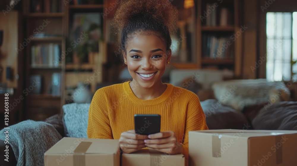 A happy freelancer sme businesswoman working online with smartphone and shipping boxes at home