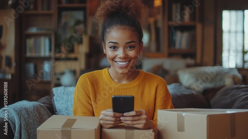 Obraz na płótnie A happy freelancer sme businesswoman working online with smartphone and shipping boxes at home w salonie
