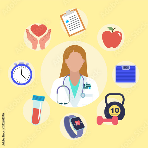 Doctor character surrounded by healthcare and healthy lifestyle icons