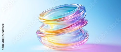 Multicolored glass spiral with motion blur, luminous swirling vortex, light blue background, and laser light trails creating an abstract glowing effect