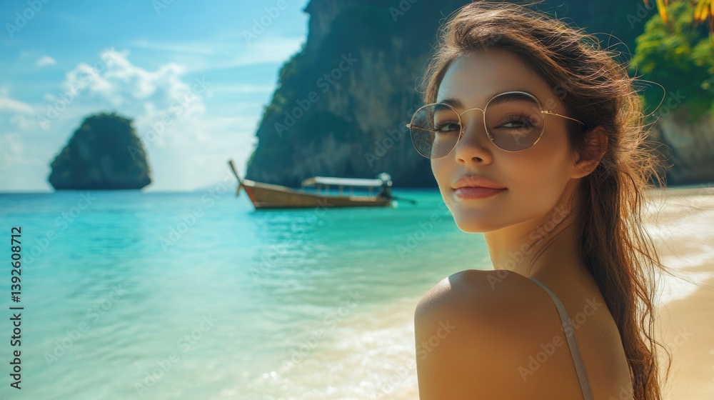 A relaxing traveler visitor at James bond island with boat for traveler at the most attraction place at Phang-Nga bay, Phang-Nga province Thailand