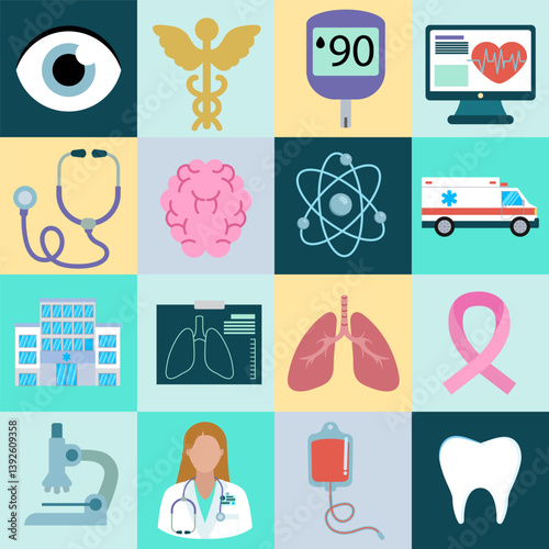 Healthcare and medical research icons representing health, science, and medicine