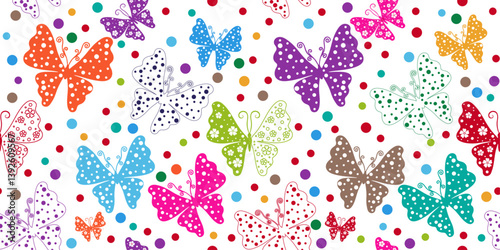 Vector colorful simple seamless floral pattern with butterflies and dots on a transparent background. For textile, wallpaper and packaging