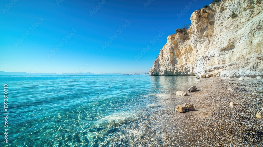 Fototapeta premium White cliffs bordering a peaceful sea under a cloudless blue sky.