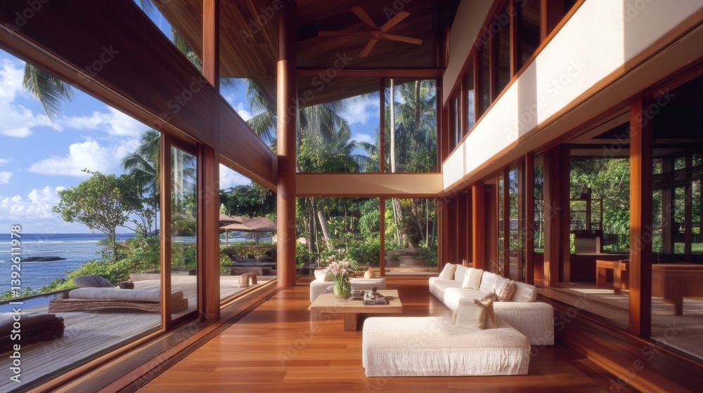 Obraz premium A luxurious beachfront living space with a breezy open air design.