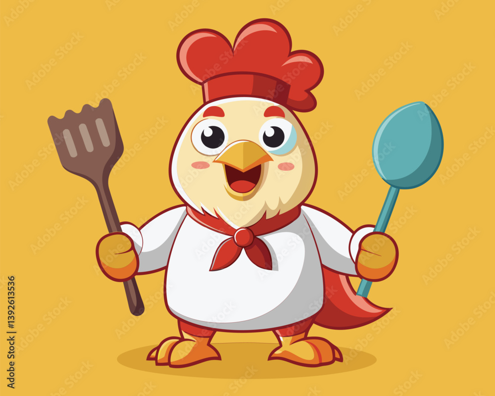 Cute Cartoon Chicken Chef Holding Spatula and Spoon Cute Cartoon Chicken Chef Holding Spatula and Spoon