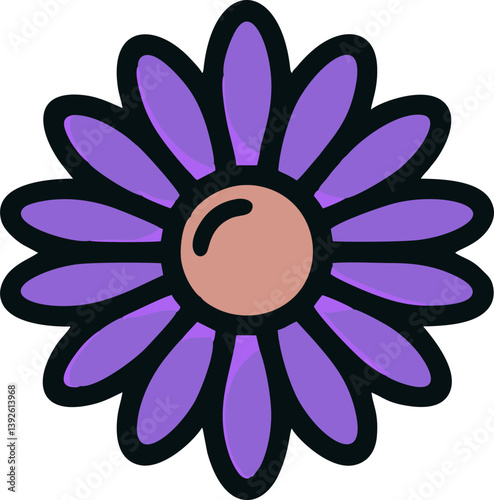 Soft Purple Dais logo, This design showcases a soft purple daisy with smooth, rounded petals and a warm brown center. The bold black outline enhances the flower’s graphic nature