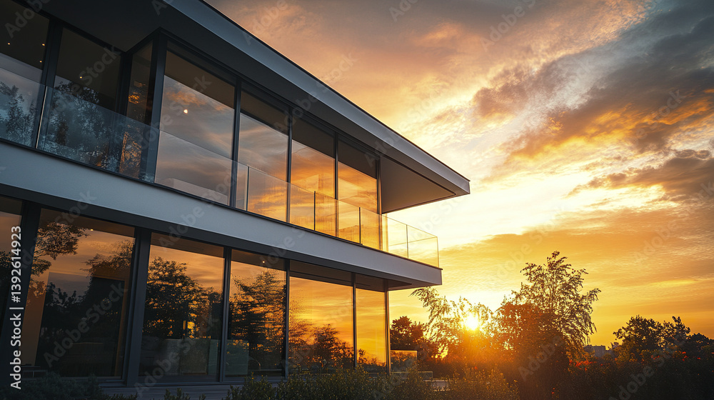 custom made wallpaper toronto digitalModern residence with golden sunset glow and glass facade