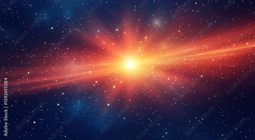 A cosmic explosion radiates light across a vast and star filled space A cosmic explosion radiates light across a vast and star filled space