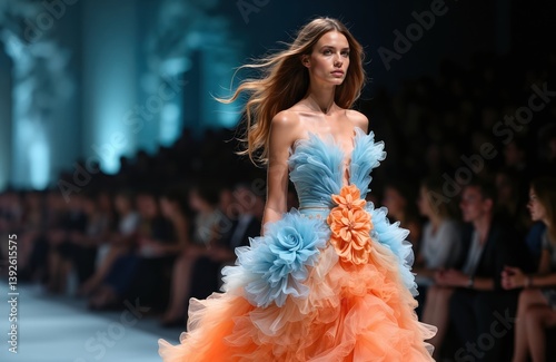 Model walks runway designer dress fashion show. Female model in orange blue gown. Fashion week event. Haute couture, glamour, elegance, style, trendy outfit at catwalk. photo