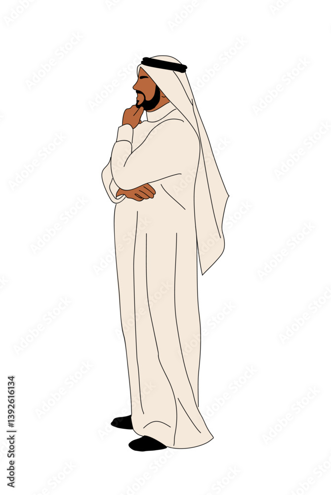 Obraz premium Arab Business man character standing in traditional white clothes, thinking side view. Vector outline colored sketch illustration