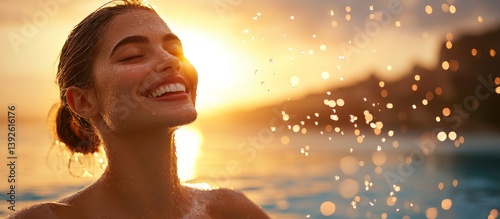 Radiant woman immersing in water at dusk, experiencing serene joy and bliss